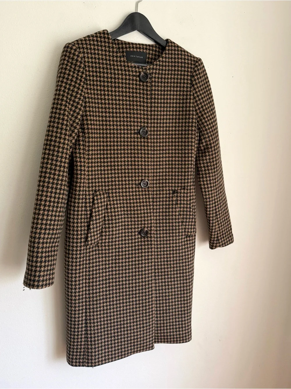 Ann Taylor Heritage Wool Blend Houndstooth Jewel Neck Coat in Brown